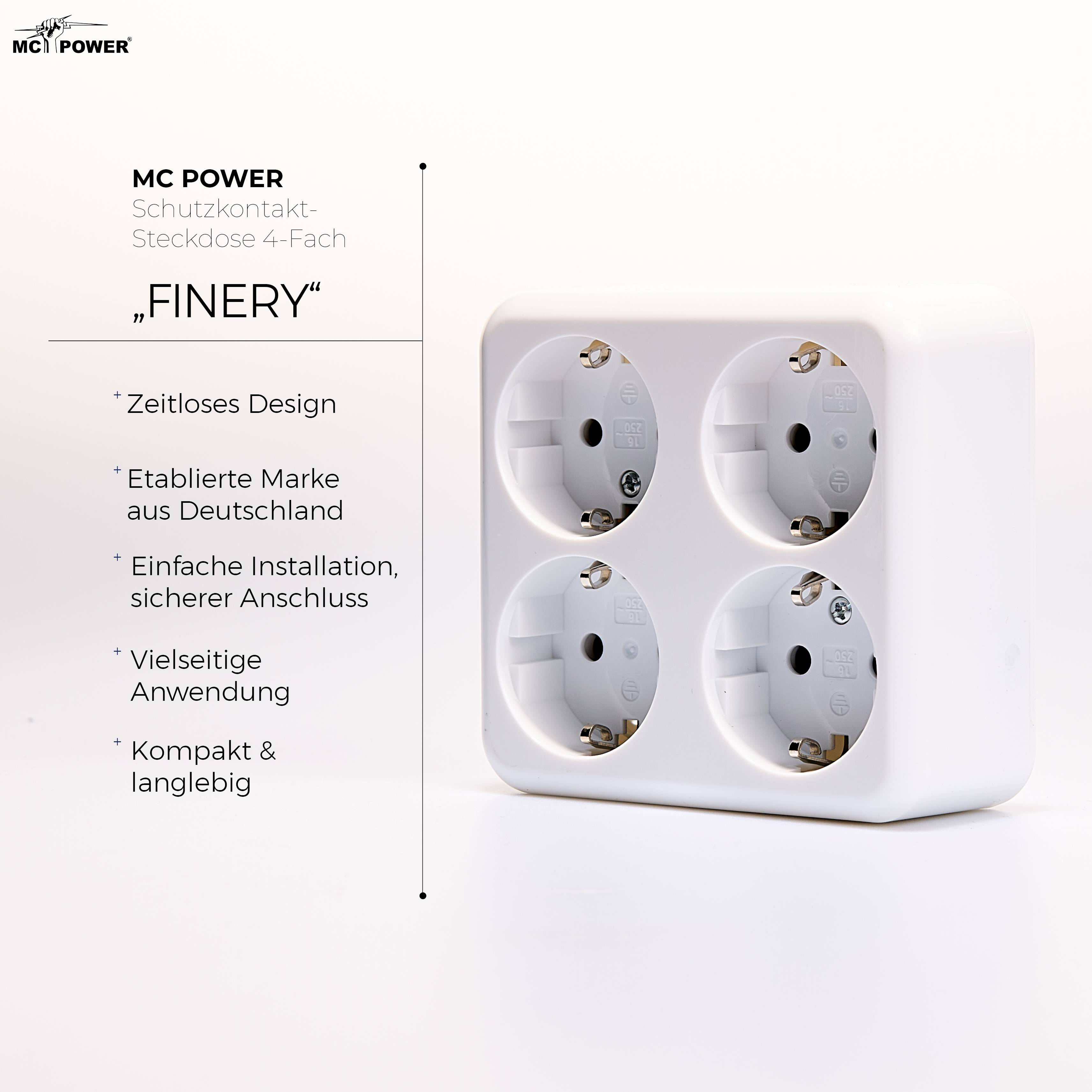 Schutzkontakt-Steckdose 4-fach McPower "Finery", 250V/16A,AP,Einsteckschutz,weiß