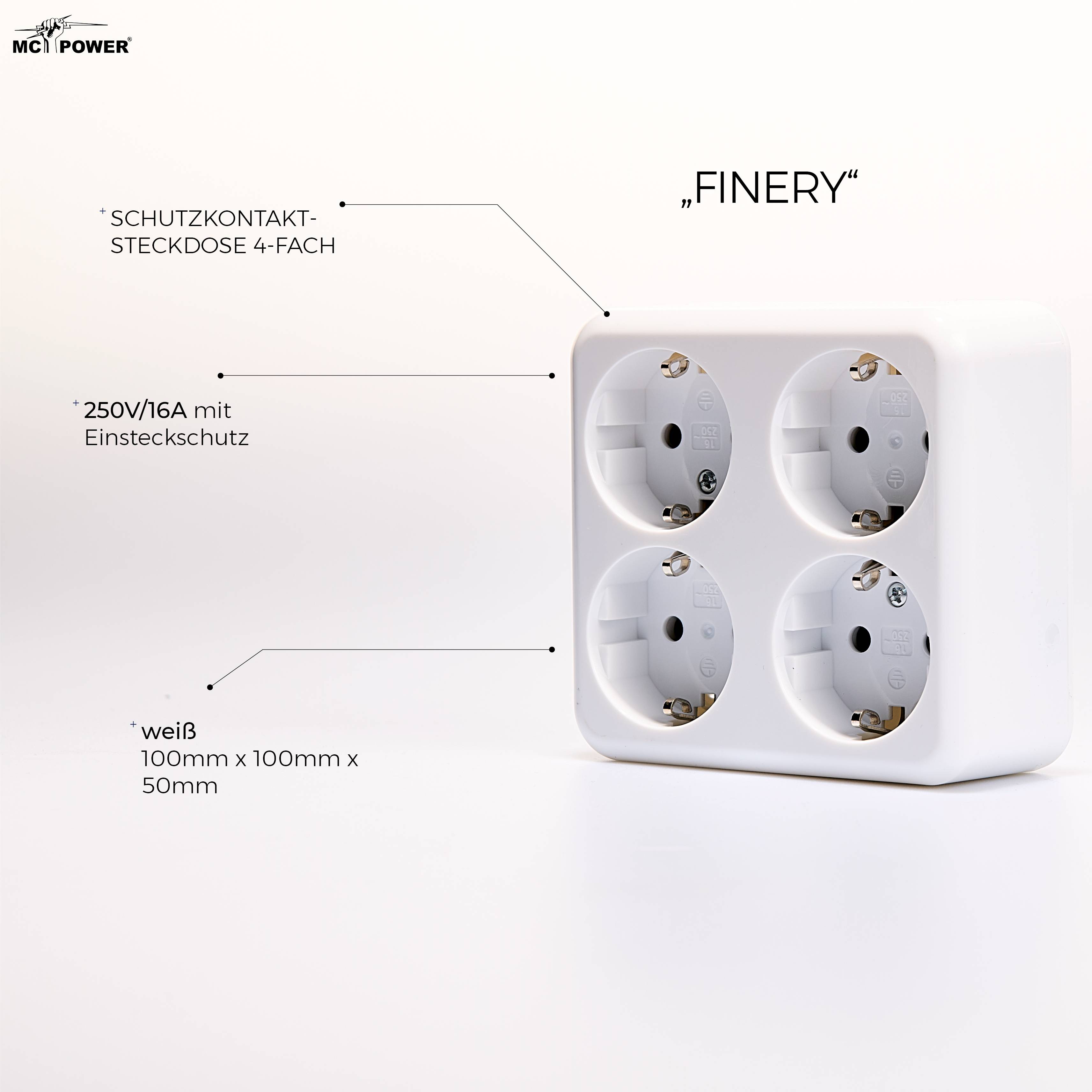 Schutzkontakt-Steckdose 4-fach McPower "Finery", 250V/16A,AP,Einsteckschutz,weiß