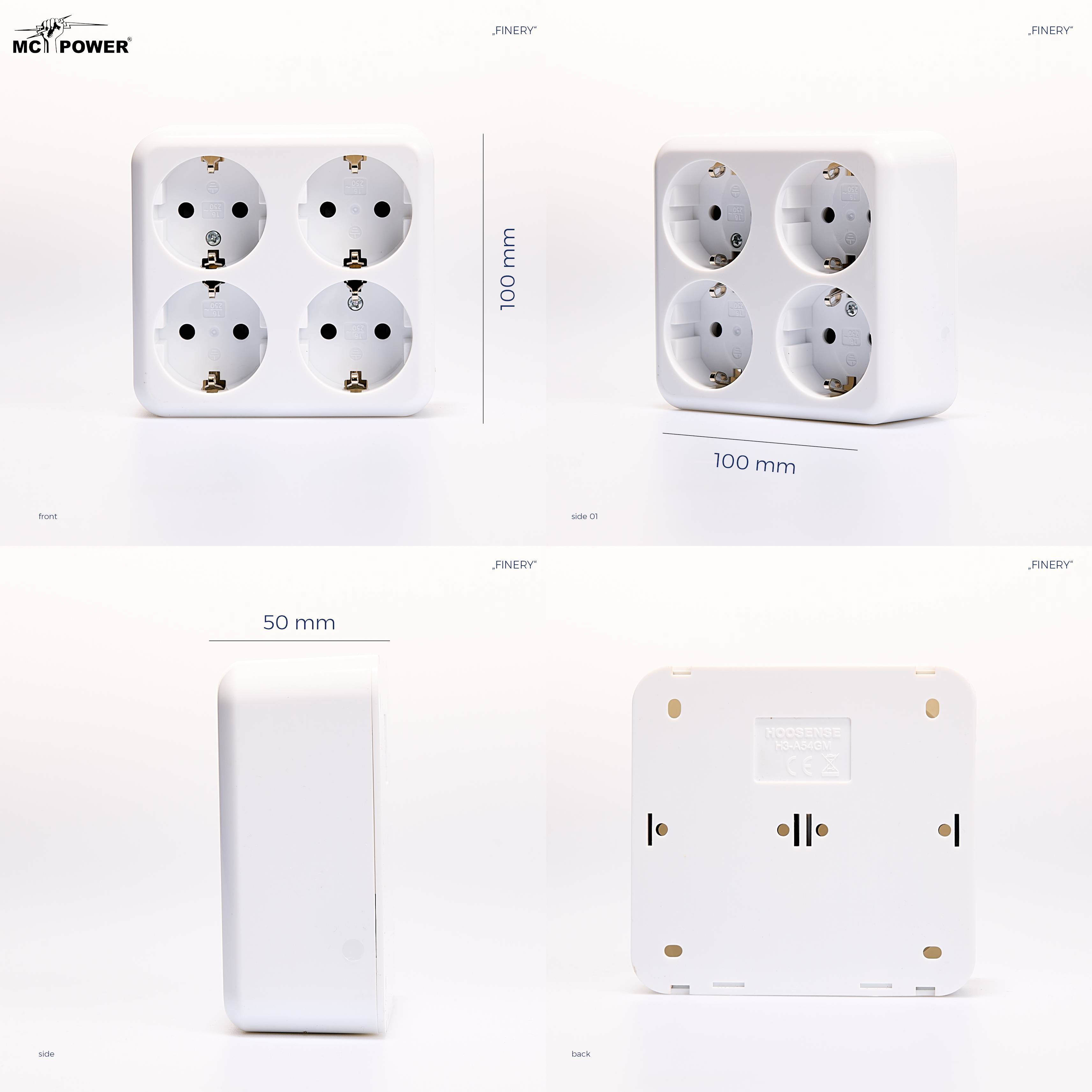 Schutzkontakt-Steckdose 4-fach McPower "Finery", 250V/16A,AP,Einsteckschutz,weiß