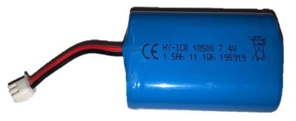 Ein blauer Lithium-Ionen-Akku mit der Aufschrift 'HY-ICR 18650 7.4V 1500mAh'. Der Akku hat ein angeschlossenes Kabel mit Stecker.