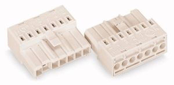 Zwei beigen elektrische Steckverbinder mit sechspoligen Anschlüssen, nebeneinander liegend.