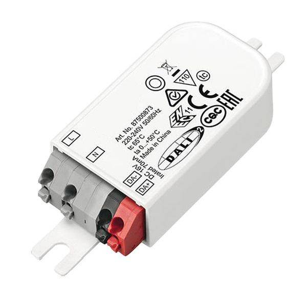 Elektronisches Vorschaltgerät von DALI, weißes Gehäuse, mit Beschriftungen und drei farbigen Kabelanschlüssen: schwarz, grau, rot.