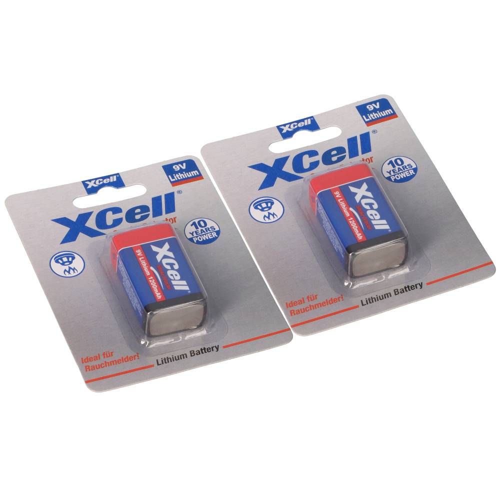 2x XCell X9V-B Lithium 9V Block Batterie 1200mAh im Blister - passend für Rauchmelder & Sicherheitstechnik
