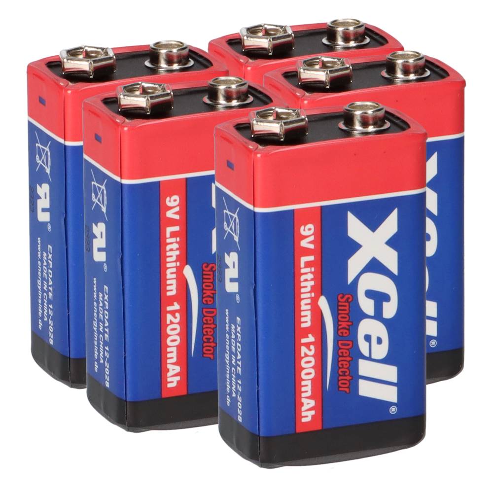 5x XCell Lithium 9V Block Hochleistungs- Batterien für Rauchmelder / Feuermelder - 10 Jahre Batterie Lebensdauer
