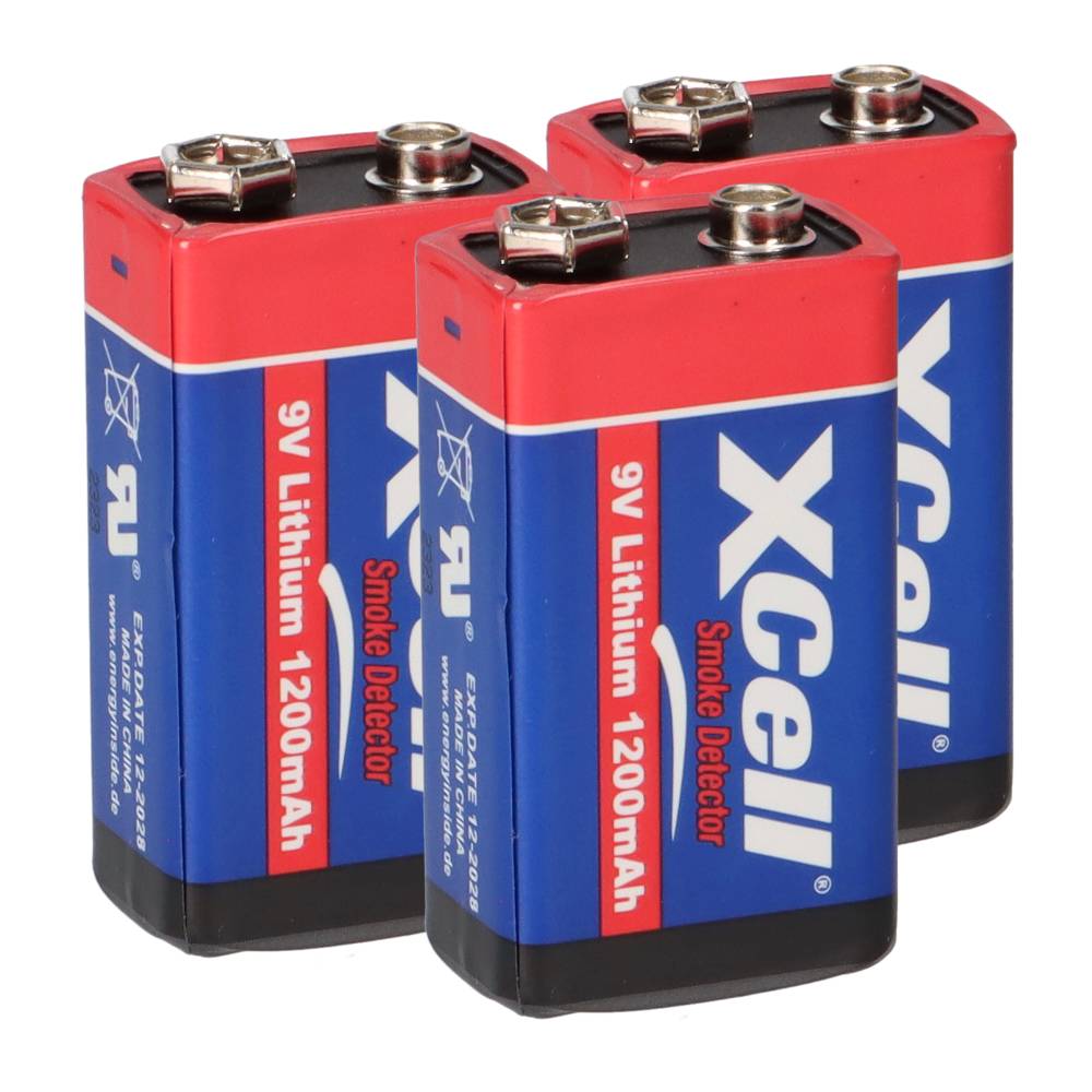 3x XCell Lithium 9V Block Hochleistungs- Batterien für Rauchmelder / Feuermelder - 10 Jahre Batterie Lebensdauer