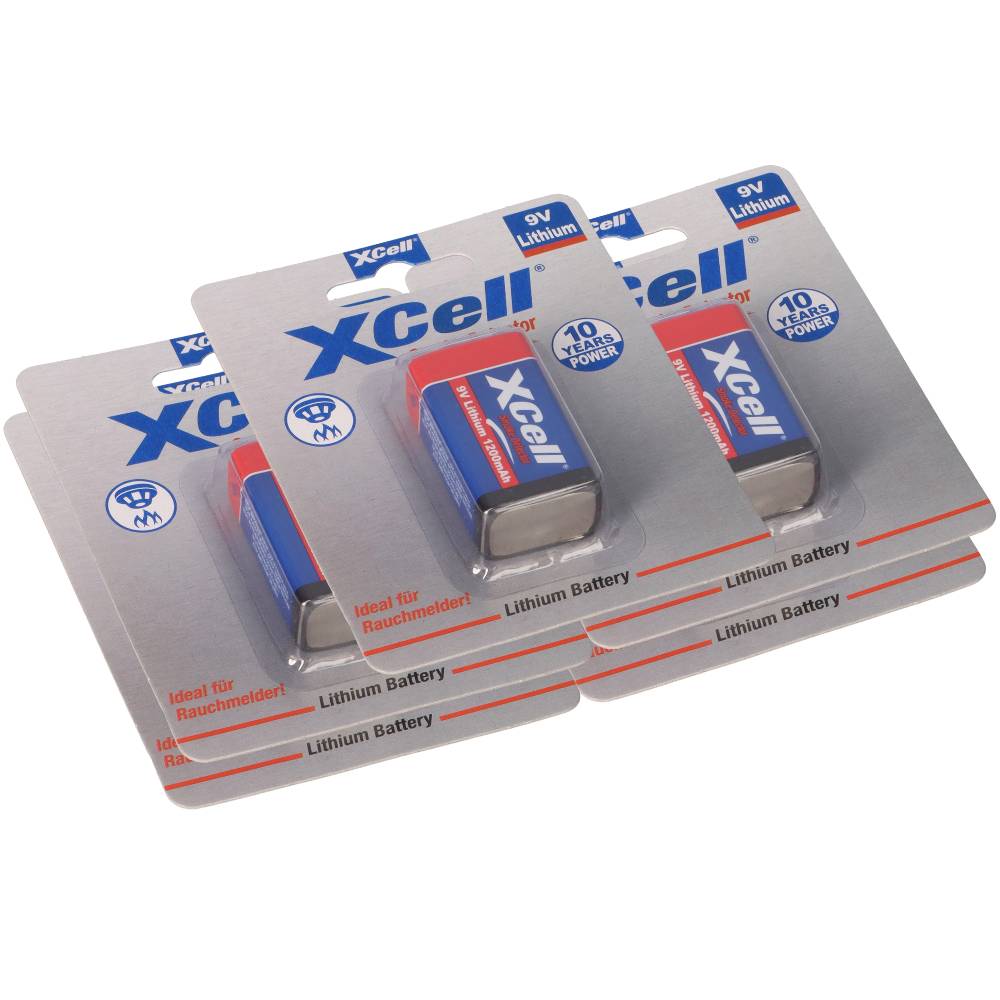 5x XCell X9V-B Lithium 9V Block Batterie 1200mAh im Blister - passend für Rauchmelder & Sicherheitstechnik