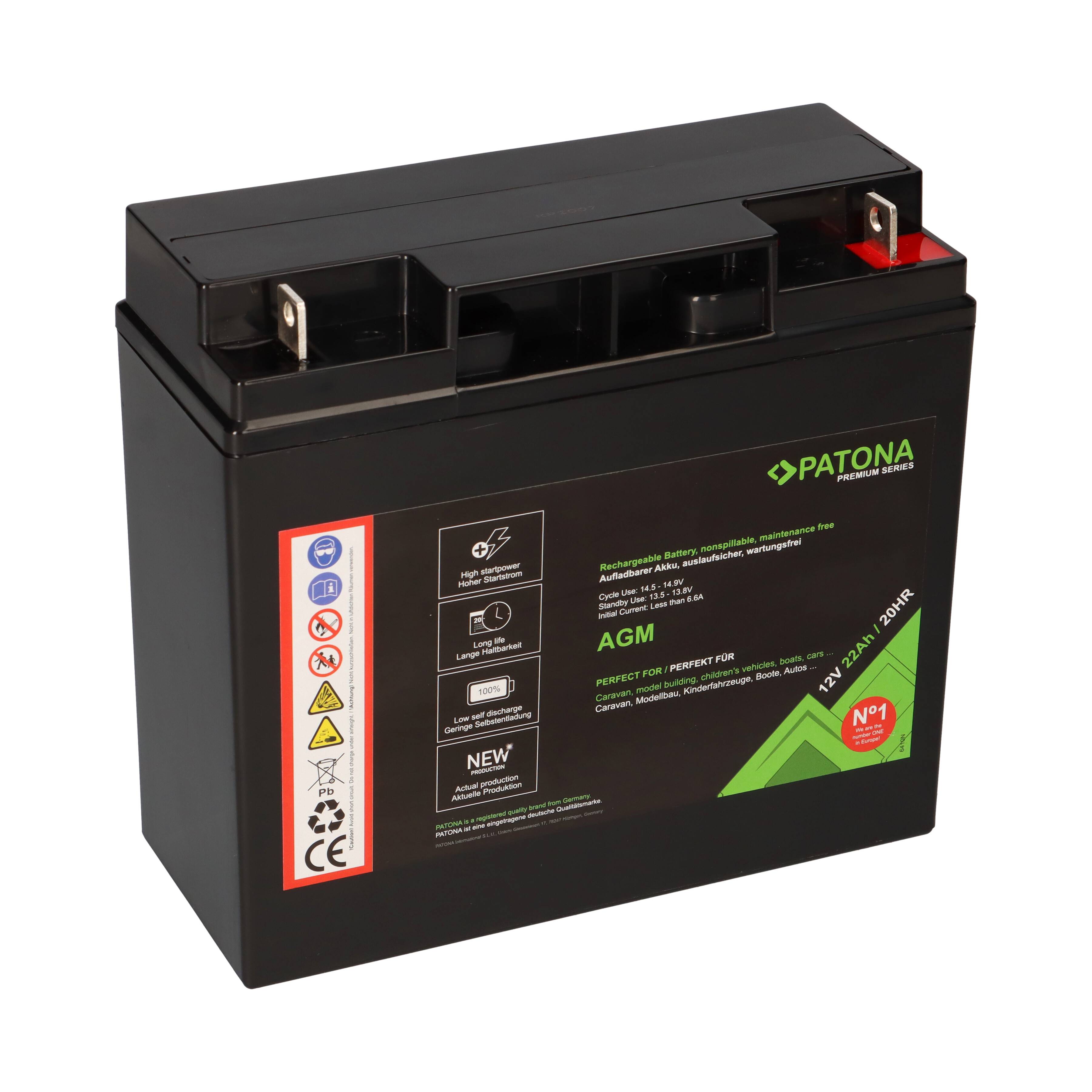 PATONA Premium AGM Akku 12V 22Ah – passend für Solar, Caravan, Boot &amp; Notstrom