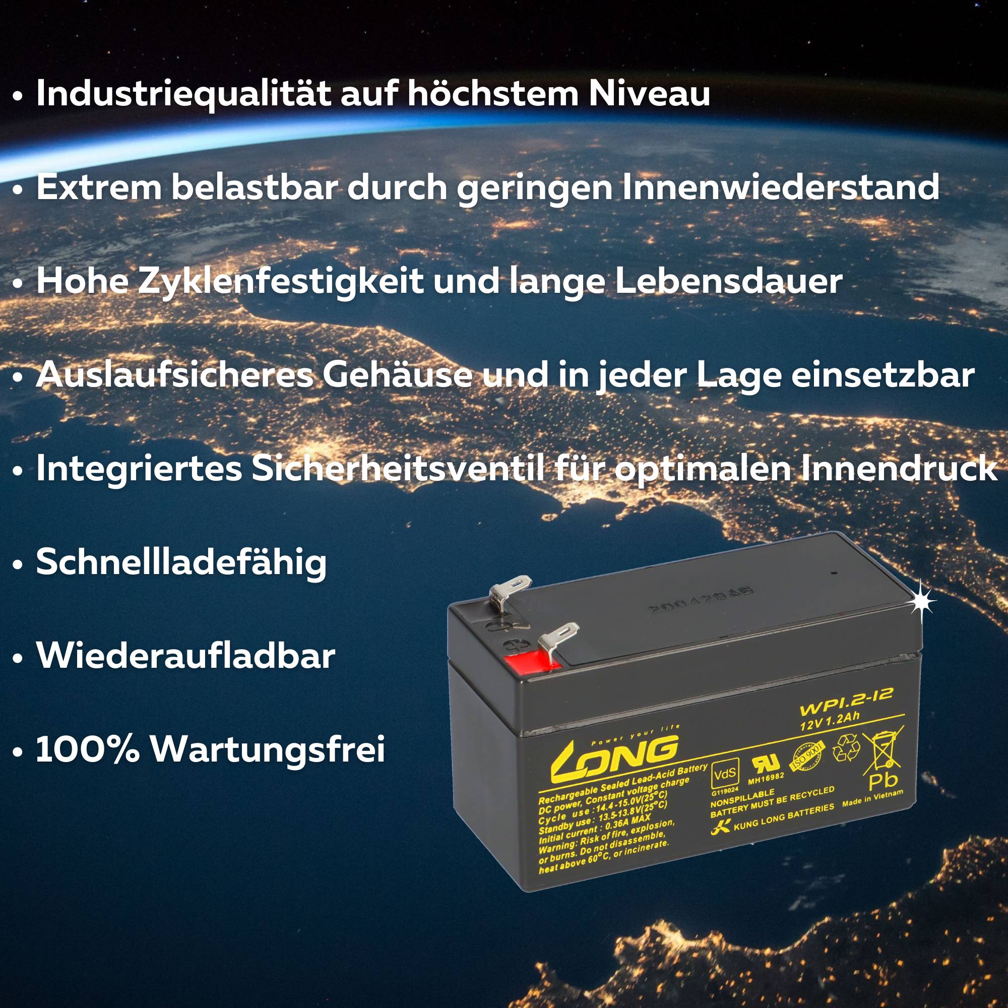 Bleiakku 12V 1,2Ah kompatibel Notstrom Sicherheit AGM VdS