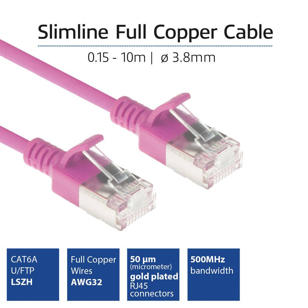 ACT Pink 5 meter LSZH U/FTP CAT6A datacenter slimline patch cable snagless with RJ45 connectors (DC7405)