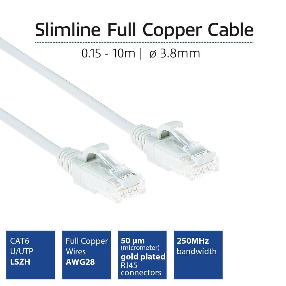 ACT DC8951 LSZH U/UTP CAT6 Datacenter Slimline Patch Cord Snagless | RJ45 Stecker | Weiß | 1,5 Meter