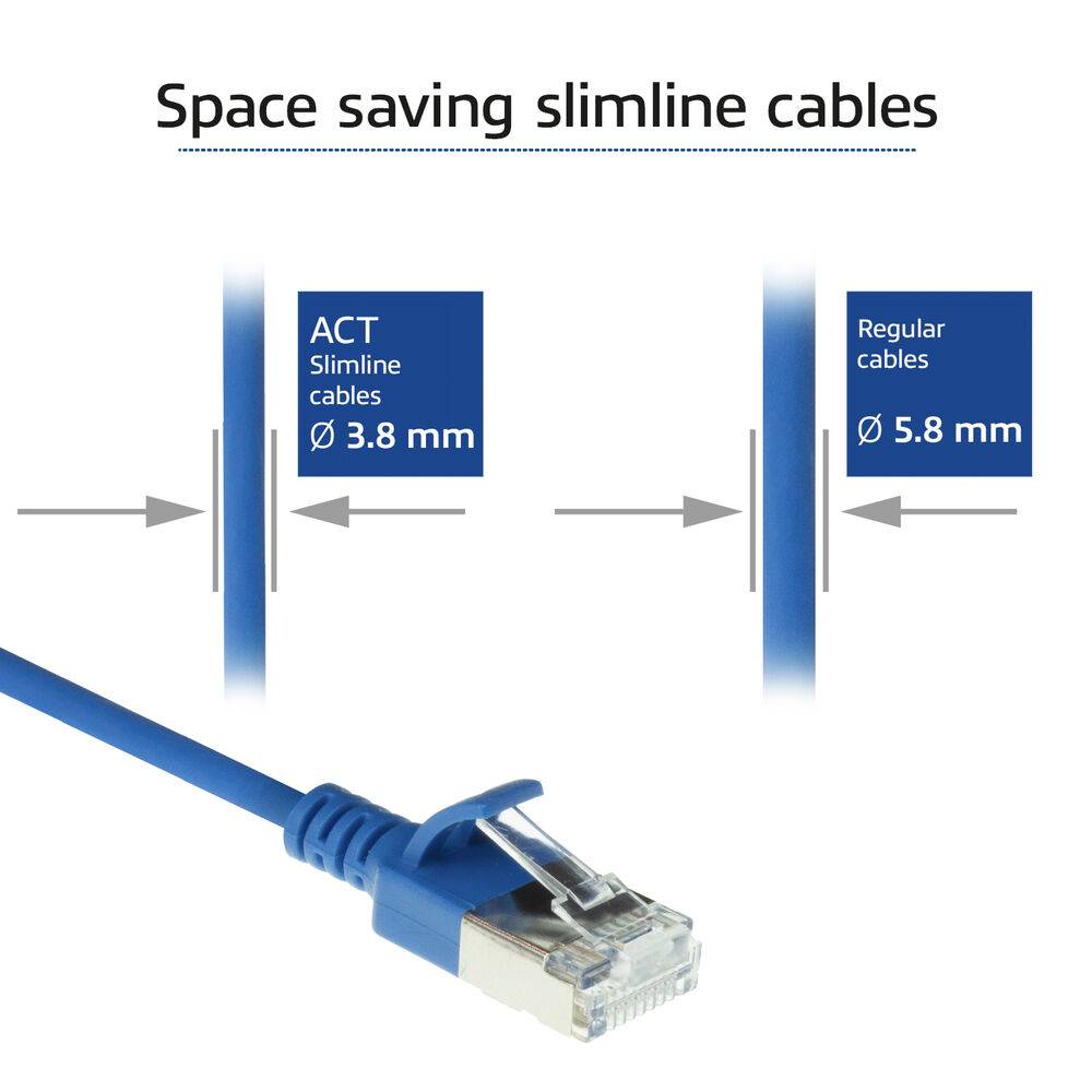 ACT Blue 7 meter LSZH U/FTP CAT6A datacenter slimline patch cable snagless with RJ45 connectors (DC7607)