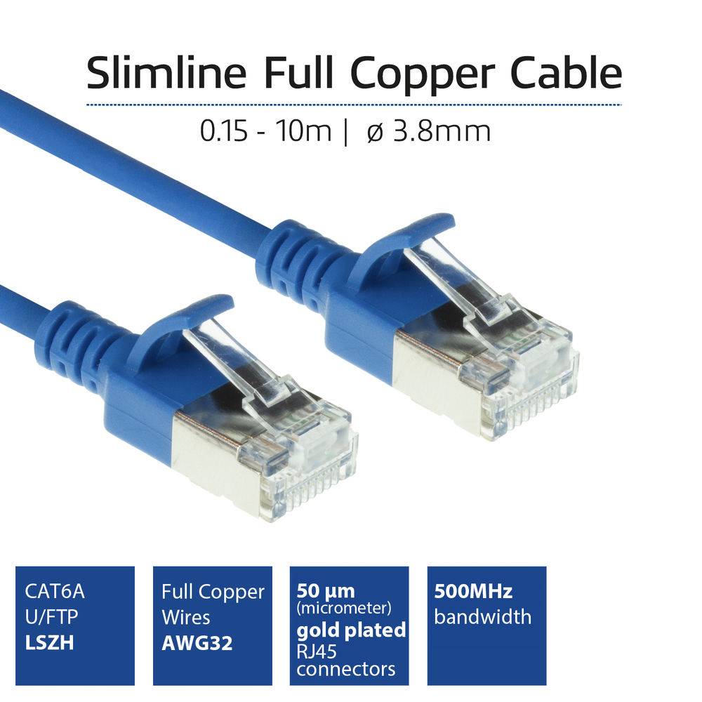 ACT Blue 7 meter LSZH U/FTP CAT6A datacenter slimline patch cable snagless with RJ45 connectors (DC7607)