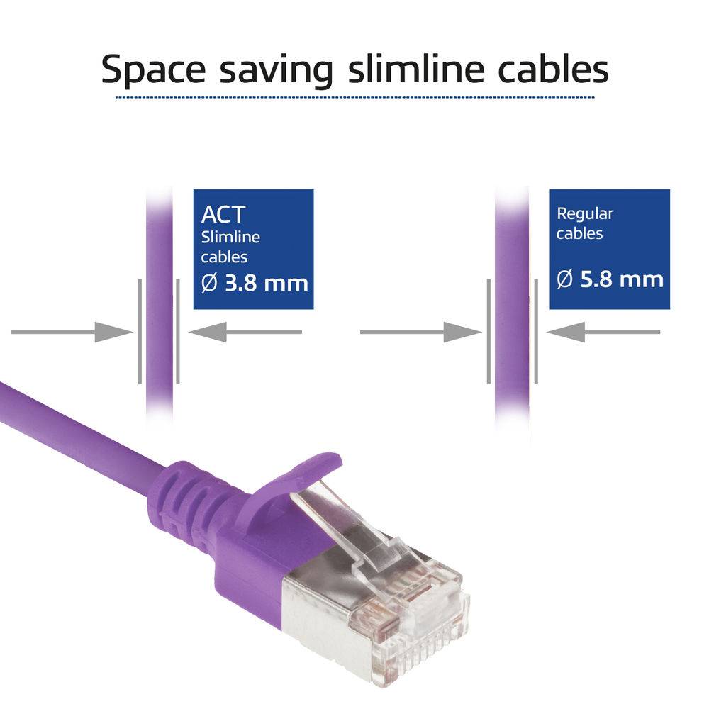 ACT Purple 1 meter LSZH U/FTP CAT6A datacenter slimline patch cable snagless with RJ45 connectors (DC7301)