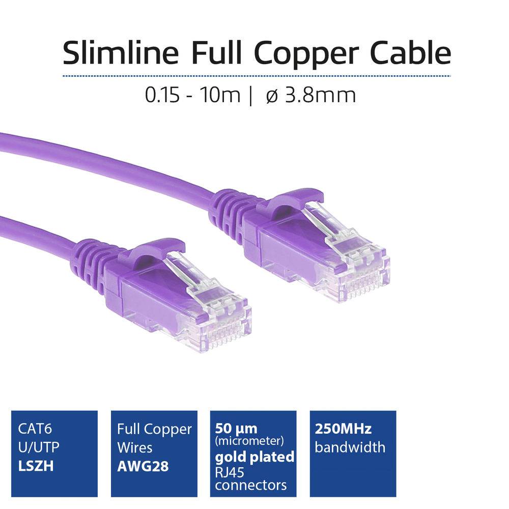 ACT DC9301 LSZH U/UTP CAT6 Datacenter Slimline Patch Cord Snagless | RJ45 Stecker | Lila | 1 Meter