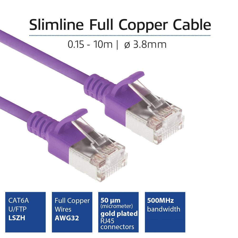 ACT Purple 2 meter LSZH U/FTP CAT6A datacenter slimline patch cable snagless with RJ45 connectors (DC7302)