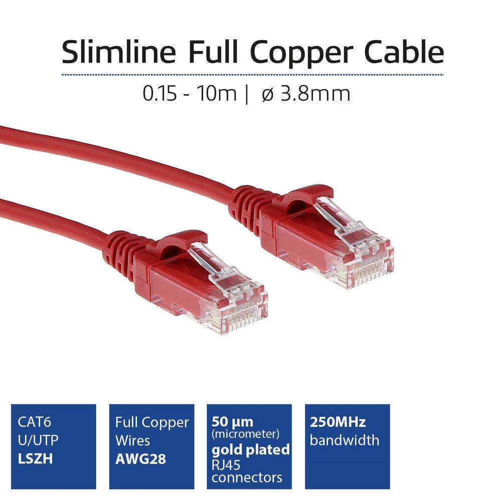 ACT DC9502 LSZH U/UTP CAT6 Datacenter Slimline Patch Cord Snagless | RJ45-Stecker | Rot | 2 Meter