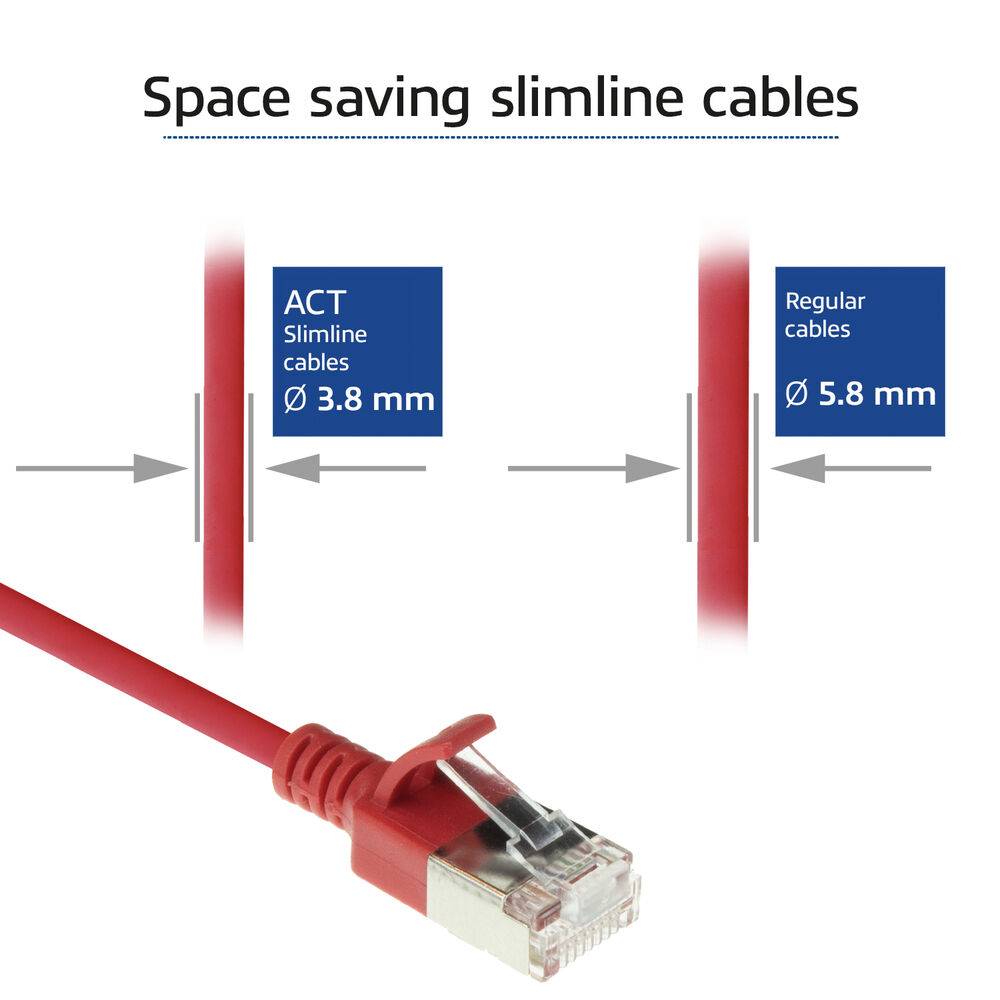 ACT Red 7 meter LSZH U/FTP CAT6A datacenter slimline patch cable snagless with RJ45 connectors (DC7507)