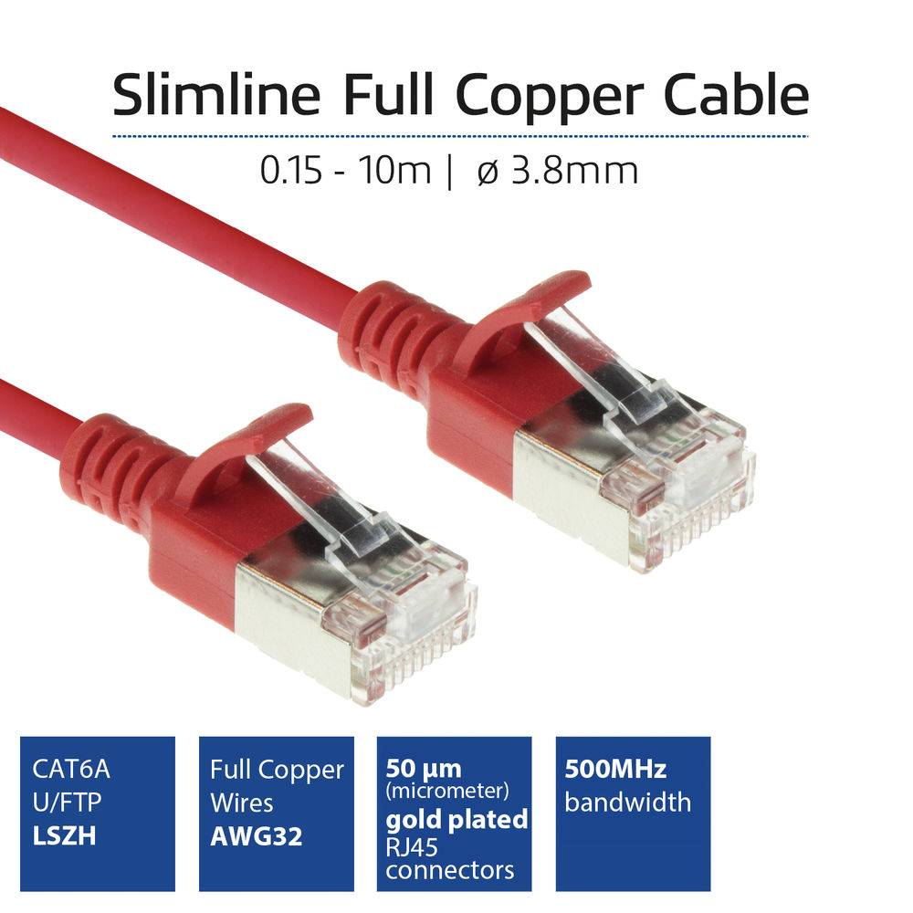 ACT Red 7 meter LSZH U/FTP CAT6A datacenter slimline patch cable snagless with RJ45 connectors (DC7507)