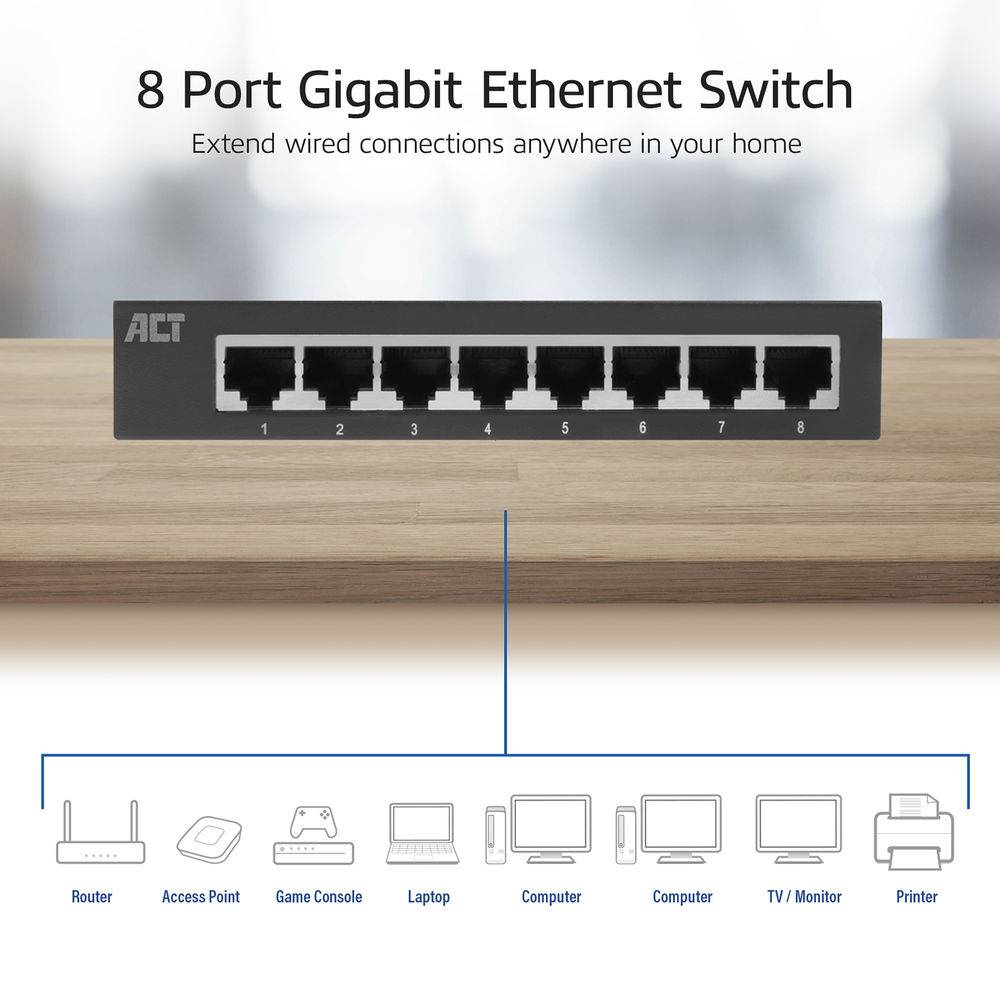 ACT AC4418 Geräuschloser 8-Port Gigabit Ethernet Switch | Schwarz