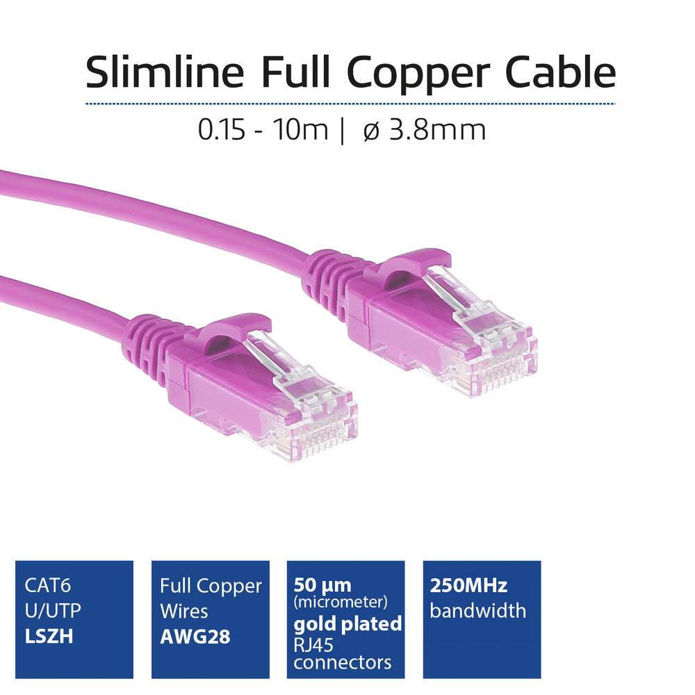 ACT DC9430 LSZH U/UTP CAT6 Datacenter Slimline Patch Cord Snagless | RJ45 Stecker | Pink | 15 cm