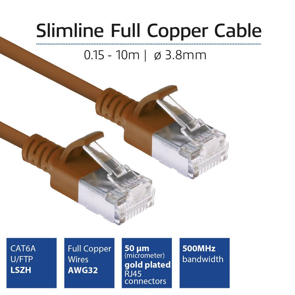 ACT Brown 2 meter LSZH U/FTP CAT6A datacenter slimline patch cable snagless with RJ45 connectors (DC7202)