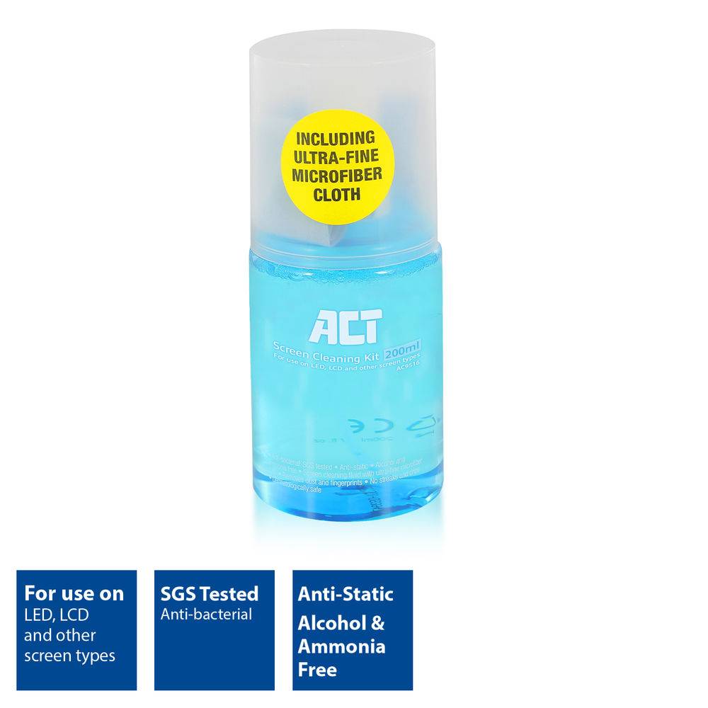 ACT AC9516 Bildschirmreiniger + Mikrofasertuch | Antistatisch | Antibakteriell | 200ml