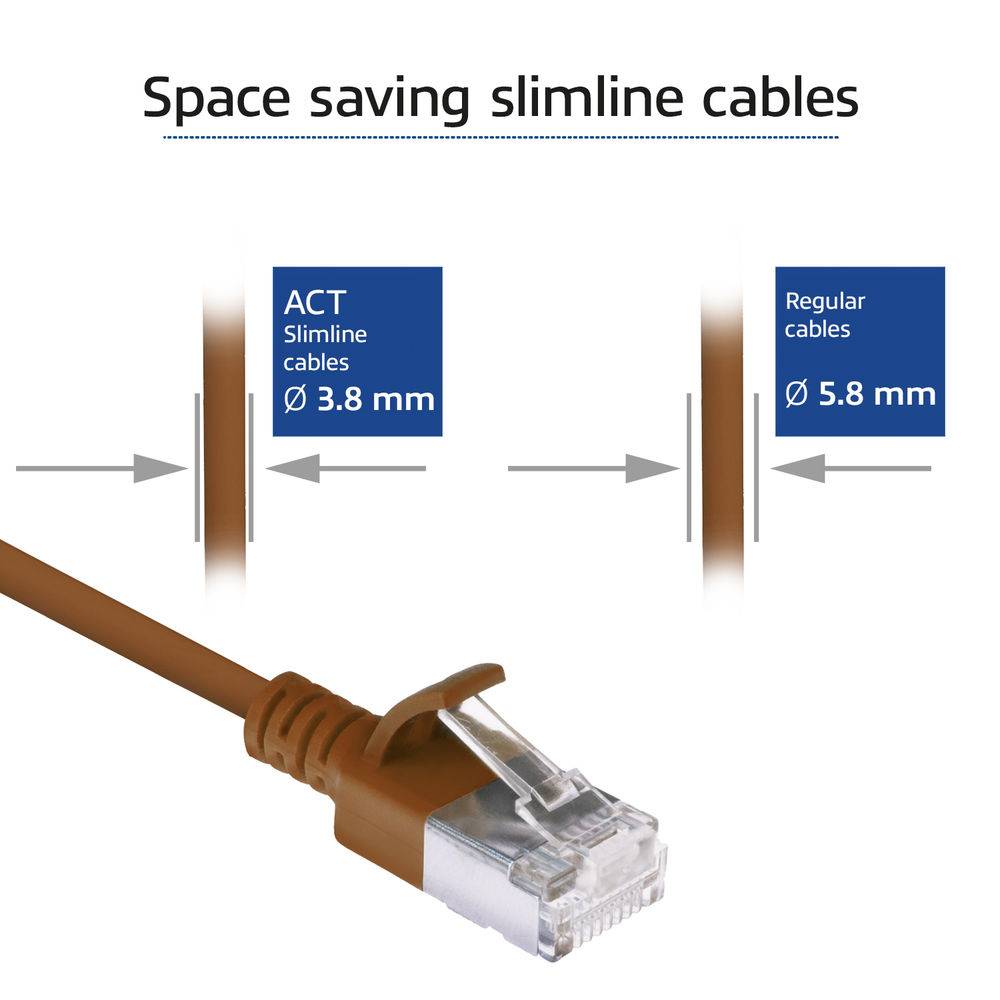 ACT Brown 1.5 meter LSZH U/FTP CAT6A datacenter slimline patch cable snagless with RJ45 connectors (DC7251)