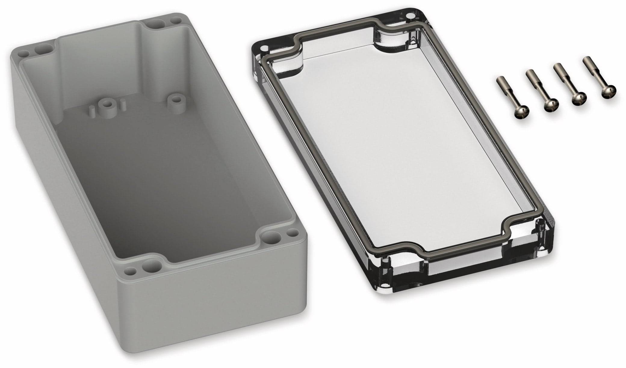 POLLIN, Polycarbonat Gehäuse, 160 x 80 x 55 mm, IP66, Lichtgrau, Glasklarer Deckel