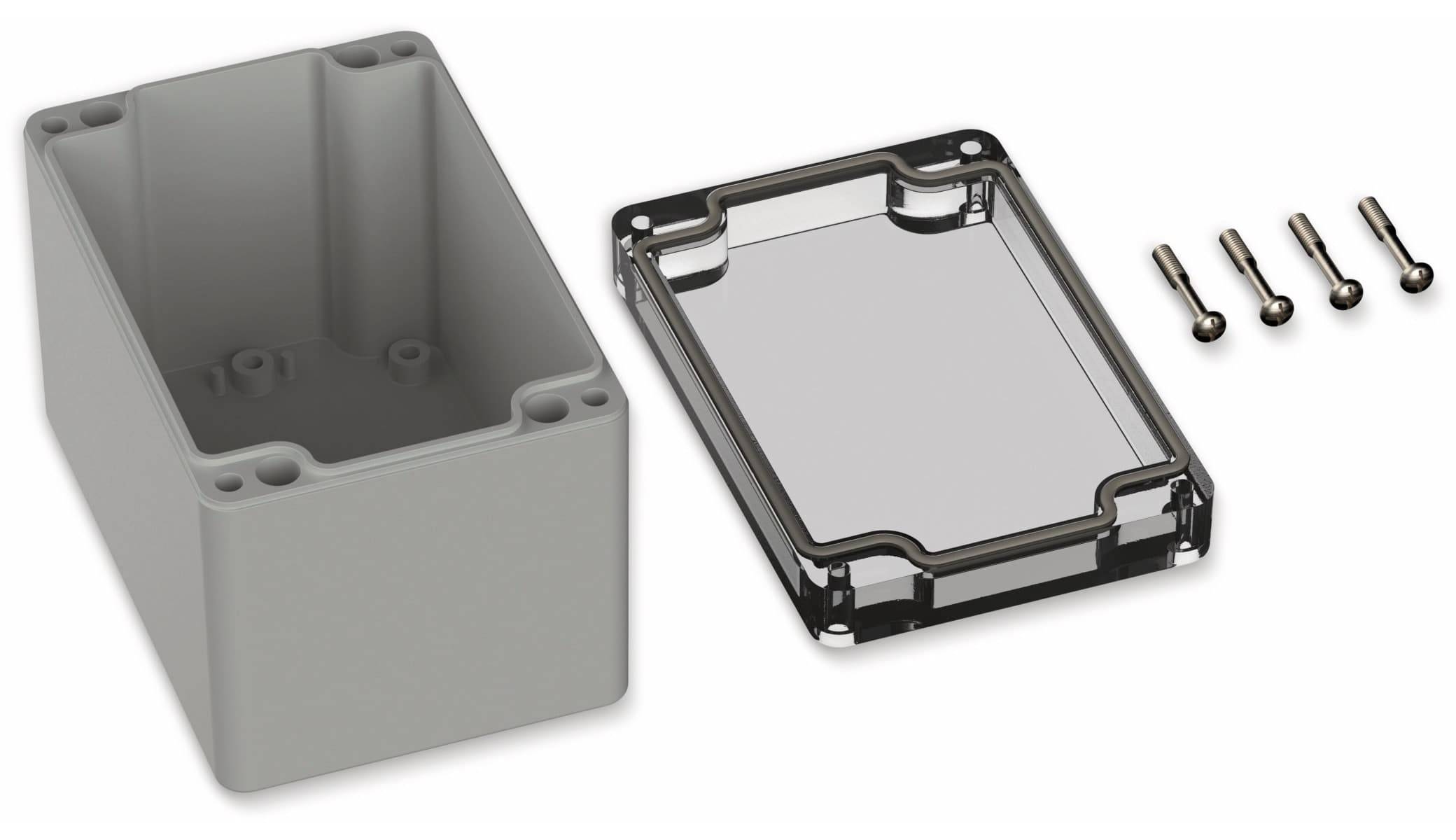 POLLIN, Polycarbonat Gehäuse, 120 x 80 x 85 mm, IP65, Lichtgrau, Glasklarer Deckel