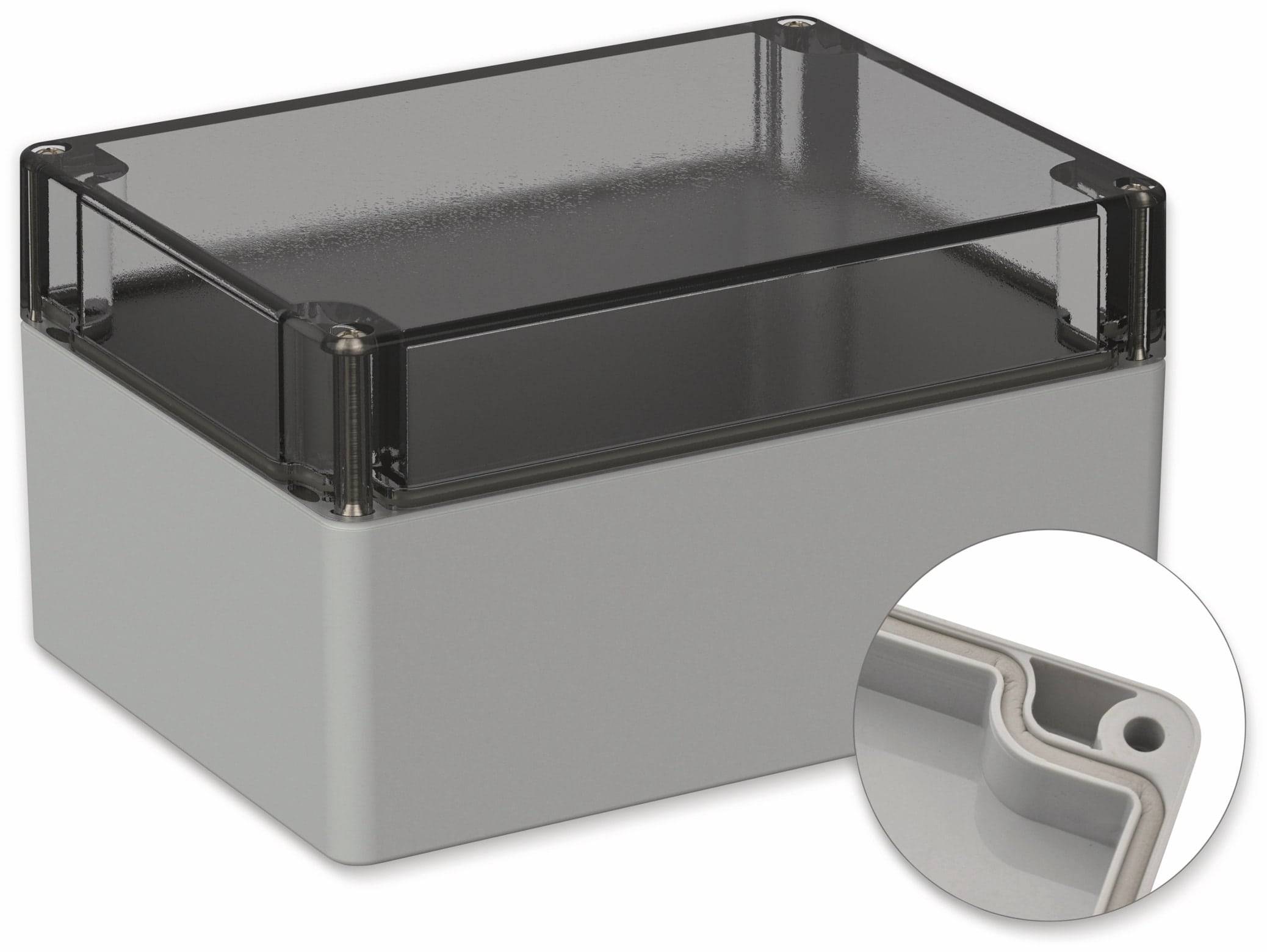 POLLIN, Polycarbonat Gehäuse, 160 x 120 x 90 mm, IP66, Lichtgrau, Glasklarer Deckel