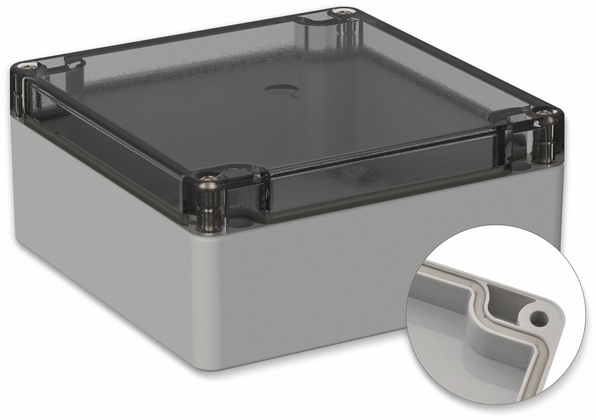 POLLIN, Polycarbonat Gehäuse, 122 x 120 x 55 mm, IP66, Lichtgrau, Glasklarer Deckel