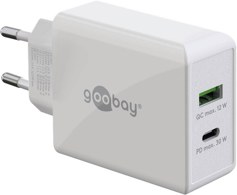 Goobay 61674 Dual Port USB Netzteil 30W / Schnellladegerät PD & QC / USB-A & USB-C Adapter / USB Charger Ladegerät Weiß