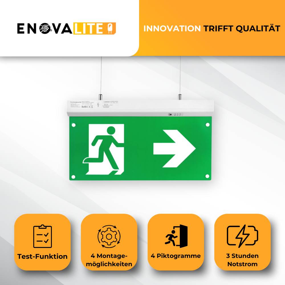 ENOVALITE LED Fluchtwegleuchte 4in1 Notleuchte mit Notstromeinheit TEST Funktion Notbeleuchtung Decken- und Wandmontage