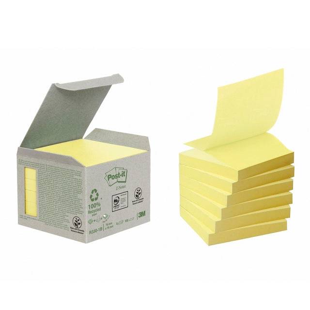 Post-itÂ® Haftnotiz Z-Notes RC, 76 x 76 mm, gelb, 100 Blatt (6 Blocks)