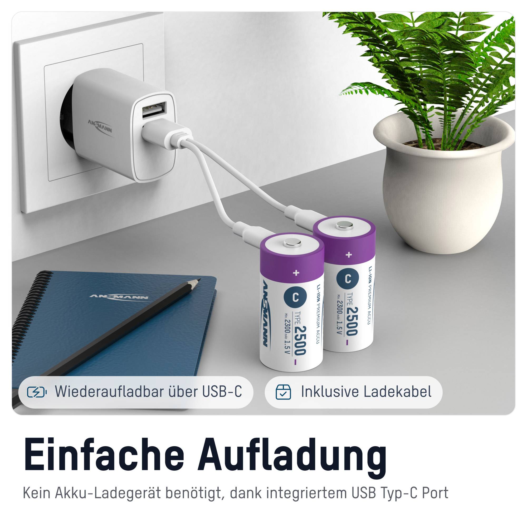 Ansmann 1313-0004, Wiederaufladbarer Akku, C, Lithium-Ion (Li-Ion), 1,5 V, 2 Stück(e), 2300 mAh