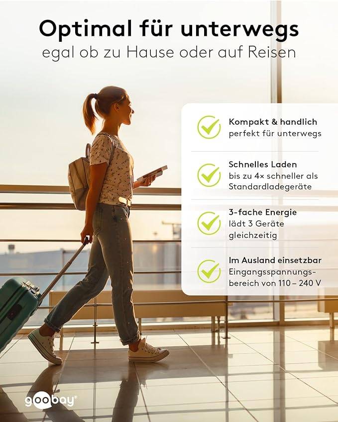 Goobay 65408 USB Netzteil 65W Schnellladegerät PD & QC 3.0 / 3fach Port 2x USB-C & 1x USB-A / Mini GaN Adapter / Weiß