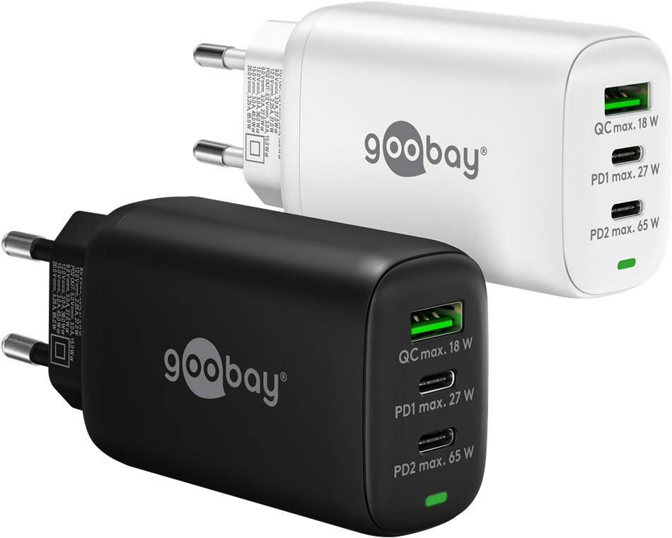 Goobay 65408 USB Netzteil 65W Schnellladegerät PD & QC 3.0 / 3fach Port 2x USB-C & 1x USB-A / Mini GaN Adapter / Weiß