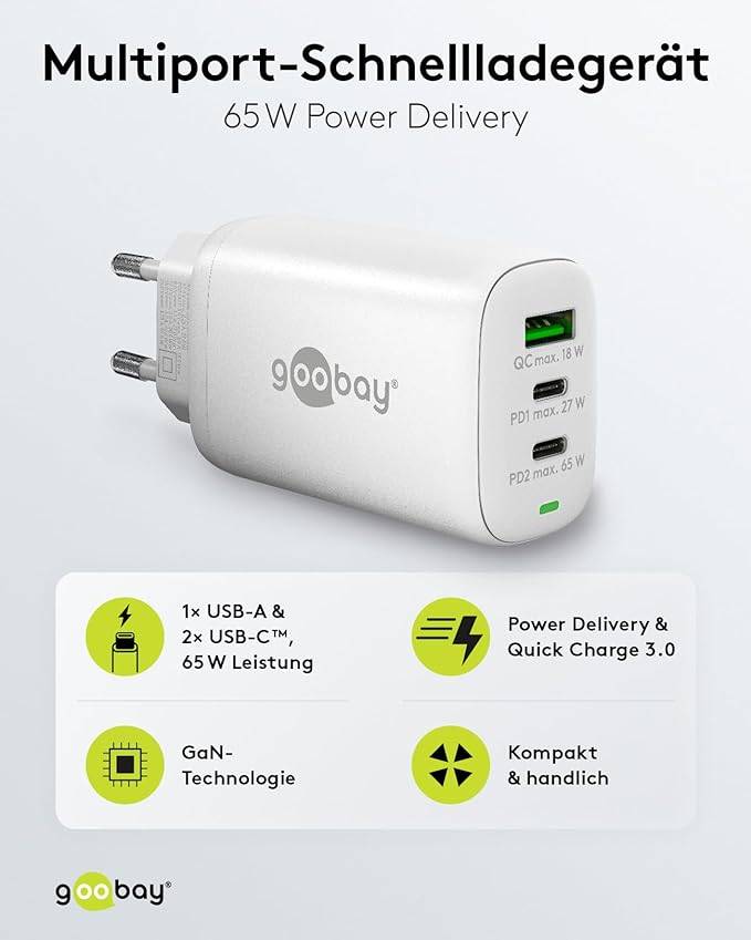 Goobay 65408 USB Netzteil 65W Schnellladegerät PD & QC 3.0 / 3fach Port 2x USB-C & 1x USB-A / Mini GaN Adapter / Weiß