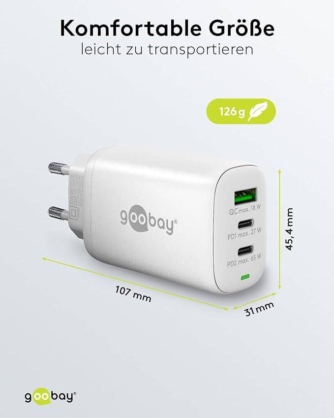 Goobay 65408 USB Netzteil 65W Schnellladegerät PD & QC 3.0 / 3fach Port 2x USB-C & 1x USB-A / Mini GaN Adapter / Weiß
