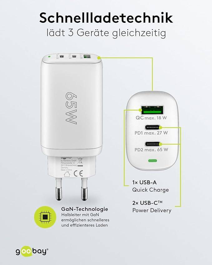 Goobay 65408 USB Netzteil 65W Schnellladegerät PD & QC 3.0 / 3fach Port 2x USB-C & 1x USB-A / Mini GaN Adapter / Weiß