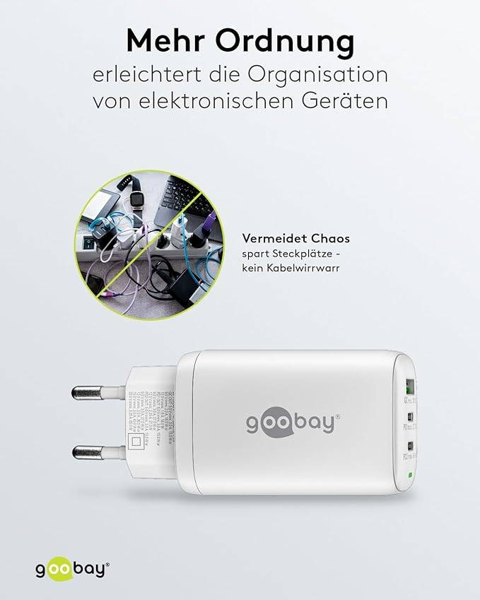 Goobay 65408 USB Netzteil 65W Schnellladegerät PD & QC 3.0 / 3fach Port 2x USB-C & 1x USB-A / Mini GaN Adapter / Weiß