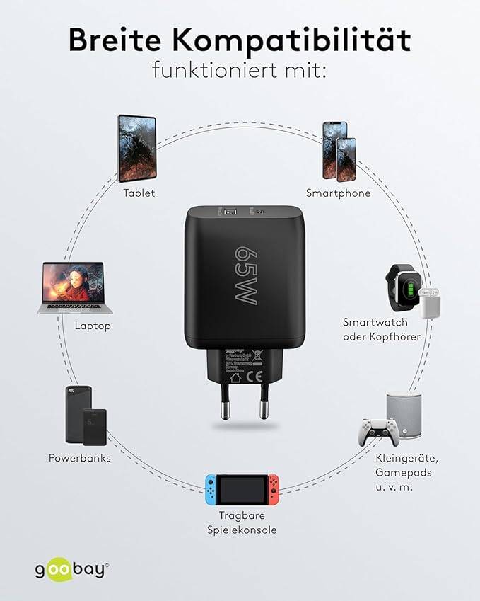 Goobay Dual USB Netzteil 65W Schnellladegerät PD, 2fach Port 1x USB-C & 1x USB-A, Mini GaN Adapter, Schwarz