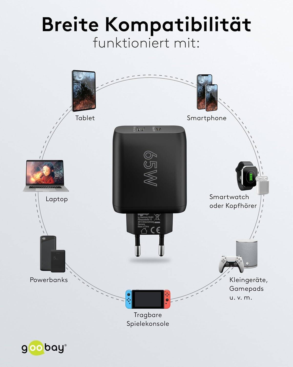 Goobay Dual USB Netzteil 65W Schnellladegerät PD, 2fach Port 1x USB-C & 1x USB-A, Mini GaN Adapter, Schwarz