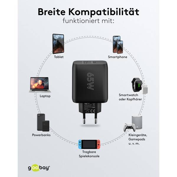 Goobay Dual USB Netzteil 65W Schnellladegerät PD, 2fach Port 1x USB-C &amp; 1x USB-A, Mini GaN Adapter, Schwarz