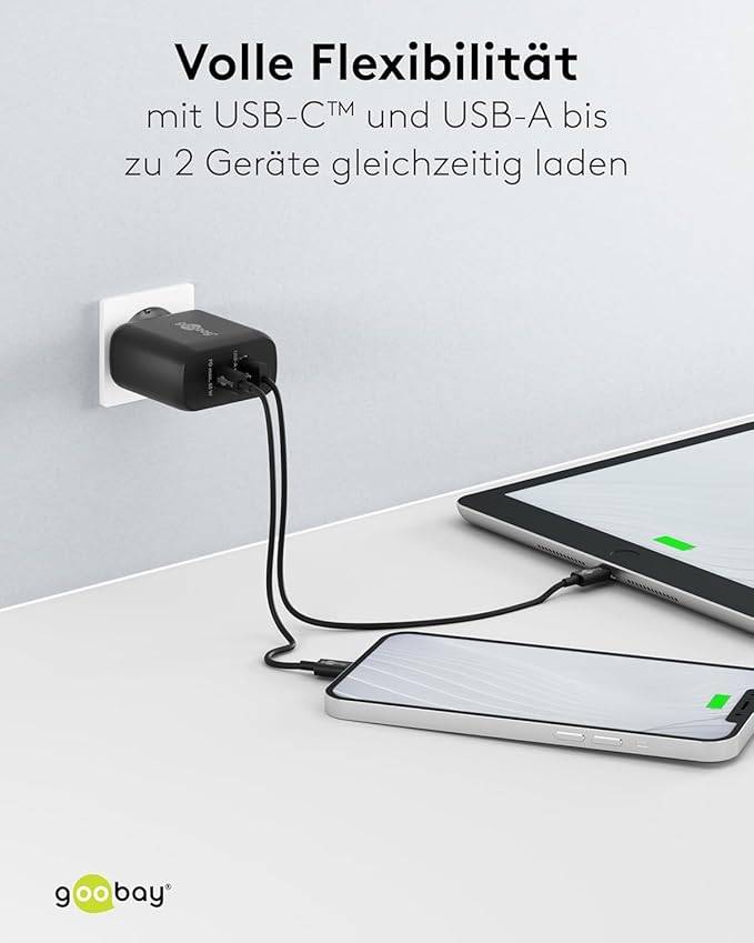 Goobay Dual USB Netzteil 65W Schnellladegerät PD, 2fach Port 1x USB-C & 1x USB-A, Mini GaN Adapter, Schwarz