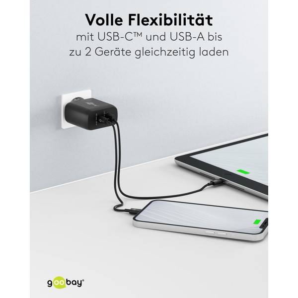 Goobay Dual USB Netzteil 65W Schnellladegerät PD, 2fach Port 1x USB-C &amp; 1x USB-A, Mini GaN Adapter, Schwarz