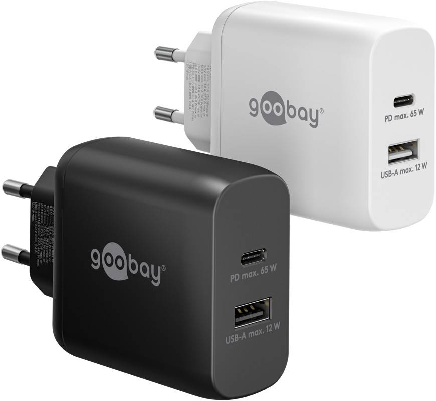 Goobay Dual USB Netzteil 65W Schnellladegerät PD, 2fach Port 1x USB-C & 1x USB-A, Mini GaN Adapter, Schwarz