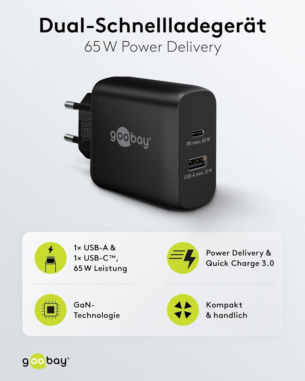 Goobay Dual USB Netzteil 65W Schnellladegerät PD, 2fach Port 1x USB-C & 1x USB-A, Mini GaN Adapter, Schwarz