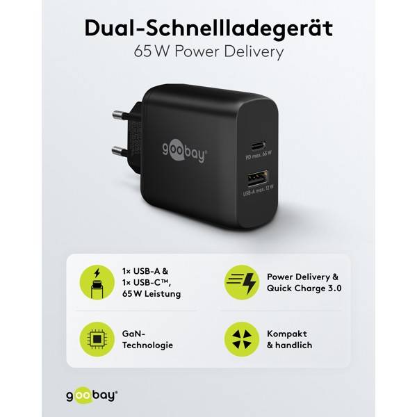 Goobay Dual USB Netzteil 65W Schnellladegerät PD, 2fach Port 1x USB-C &amp; 1x USB-A, Mini GaN Adapter, Schwarz