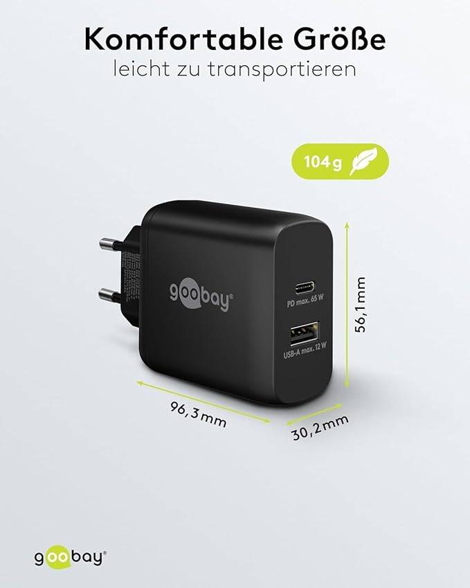 Goobay Dual USB Netzteil 65W Schnellladegerät PD, 2fach Port 1x USB-C & 1x USB-A, Mini GaN Adapter, Schwarz